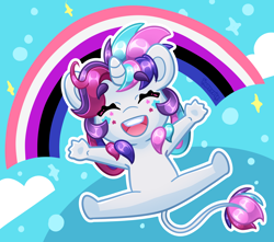 Size: 3914x3459 | Tagged: safe, artist:partypievt, derpibooru import, oc, oc:party pie, anthro, classical unicorn, unicorn, chibi, cloven hooves, commission, eyebrows, eyebrows visible through hair, eyes closed, facial markings, freckles, genderfluid, genderfluid pride flag, horn, leonine tail, open mouth, ponytail, pride, pride flag, rainbow, smiling, solo, tail, unshorn fetlocks, ych example, ych result, your character here