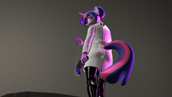 Size: 2560x1440 | Tagged: safe, artist:thatbluebro, derpibooru import, twilight sparkle, alicorn, anthro, g4, 3d, clothes, female, gun, handgun, horn, lab coat, looking at you, looking back, looking back at you, low angle, revolver, smoke, solo, stage.bsp, syringe, tongue, tongue out, weapon