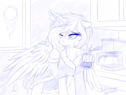 Size: 1920x1440 | Tagged: safe, artist:novaintellus, derpibooru import, princess celestia, alicorn, pony, g4, coffee machine, solo, spoon, sun, tired, traditional art, window