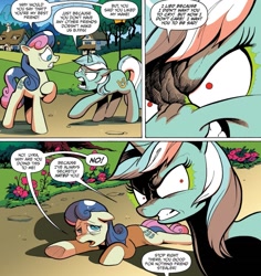 Size: 1015x1074 | Tagged: safe, artist:andypriceart, derpibooru import, idw, bon bon, lyra heartstrings, sweetie drops, changeling, earth pony, pony, unicorn, g4, spoiler:guardians of harmony, disguise, disguised, disguised changeling, evil eyes, horn, official comic