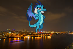 Size: 2048x1365 | Tagged: safe, artist:davidsfire, derpibooru import, edit, editor:jaredking779, princess ember, dragon, g4, attack on pony, dragon wings, dragoness, dubai, female, giantess, highrise ponies, irl, looking at you, macro, photo, ponies in real life, red eyes, smiling, solo, story included, united arab emirates, wings