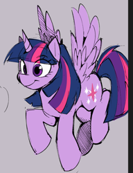 Size: 618x804 | Tagged: safe, artist:inkbloto, derpibooru import, twilight sparkle, twilight sparkle (alicorn), alicorn, pony, g4, gray background, simple background, smiling, solo, spread wings, wings