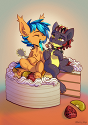 Size: 1748x2480 | Tagged: safe, artist:cherry_kotya, derpibooru import, oc, oc only, oc:bluemist, oc:zap, bat pony, original species, pony, birthday cake, cake, countershading, food, fork, giant food, gradient background