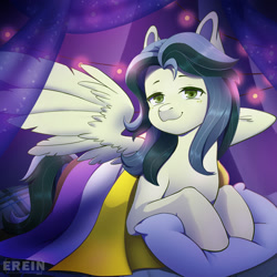 Size: 2000x2000 | Tagged: safe, alternate version, artist:erein, derpibooru import, oc, oc only, oc:misty breeze, pegasus, pony, alternate character, bedroom, commission, ears up, female, flag, garland, high res, indoors, lgbt, looking at you, night, nonbinary, nonbinary pride flag, pegasus oc, pillow, pride, pride flag, pride month, room, smiling, smiling at you, solo, spread wings, string lights, wings, ych result