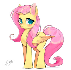 Size: 1521x1500 | Tagged: safe, artist:mrscurlystyles, derpibooru import, fluttershy, pegasus, pony, g4, blushing, cute, shyabetes, signature, simple background, smiling, solo, standing, white background