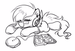 Size: 3386x2312 | Tagged: safe, artist:opalacorn, derpibooru import, oc, oc only, earth pony, pony, black and white, cd, cd player, cd wallet, eye clipping through hair, eyes closed, female, glasses, grayscale, headphones, lying down, mare, monochrome, prone, smiling, solo, sploot