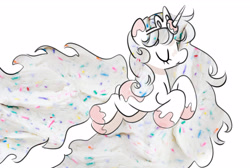 Size: 3386x2271 | Tagged: safe, artist:opalacorn, derpibooru import, oc, oc only, pony, unicorn, crown, eyes closed, female, food, frosting, horn, impossibly large mane, impossibly large tail, jewelry, mare, partial color, prancing, regalia, simple background, solo, tail, white background