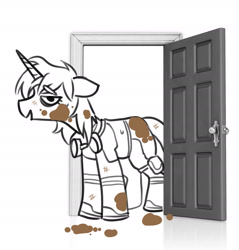 Size: 1751x1828 | Tagged: safe, artist:opalacorn, derpibooru import, oc, oc only, oc:golden gear, pony, unicorn, bags under eyes, boots, dirt, dirty, door, doorway, ears, floppy ears, goggles, goggles around neck, grayscale, horn, lidded eyes, monochrome, partial color, shoes, simple background, solo, white background