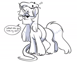 Size: 2198x1809 | Tagged: safe, artist:opalacorn, derpibooru import, oc, oc only, oc:mint petal, pony, snake, unicorn, dialogue, female, forked tongue, glasses, grayscale, horn, mare, monochrome, simple background, solo, speech bubble, talking to viewer, unshorn fetlocks, white background