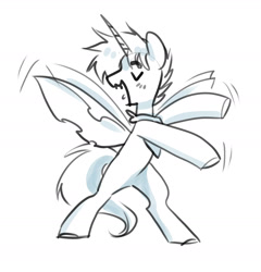 Size: 1895x1971 | Tagged: safe, artist:opalacorn, derpibooru import, oc, oc only, bug pony, insect, pony, bandana, bipedal, dancing, eyes closed, grayscale, insect wings, monochrome, open mouth, open smile, simple background, smiling, solo, white background, wings