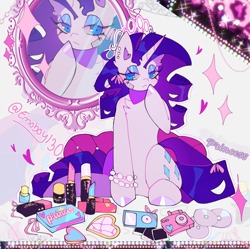 Size: 2048x2038 | Tagged: safe, artist:emoboy130, derpibooru import, rarity, pony, unicorn, g4, abstract background, bandaid, blue eyes, blue eyeshadow, bow, bracelet, cd, chest fluff, colored hooves, colored pinnae, ear fluff, ear piercing, earring, ears, eyelashes, eyeshadow, female, floating heart, frown, hair accessory, hair ribbon, heart, high res, horn, ipod, jewelry, lidded eyes, lipstick, lipstick tube, long eyelashes, long horn, long mane, long tail, makeup, mane accessory, mare, mirror, pearl bracelet, piercing, pillow, pink bow, polaroid, purple hooves, purple mane, purple tail, raised hoof, raised leg, reflection, ribbon, ringlets, shiny hooves, shrunken pupils, signature, sitting, solo, sparkles, tail, tail accessory, tail bow, tall ears, text, tiara, unicorn horn, white coat, zoom layer