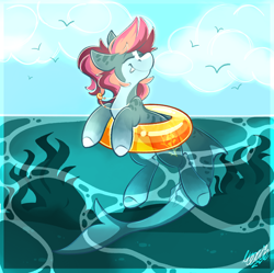 Size: 3352x3341 | Tagged: safe, artist:ezzerie, derpibooru import, oc, oc only, oc:crimson cove, bird, original species, pony, shark, shark pony, countershading, eyes closed, fangs, female, floating, inner tube, jewelry, mare, necklace, ocean, pool toy, seaweed, shark pony oc, shell, smiling, solo, swimming, water