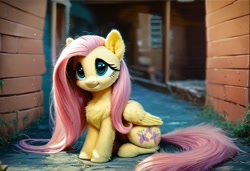 Size: 1216x832 | Tagged: safe, ai content, derpibooru import, generator:pony diffusion v6 xl, generator:stable diffusion, machine learning generated, fluttershy, pegasus, g4, building, fluffy, outdoors, prompter:kluknawa235, realistic, sitting, smiling, solo