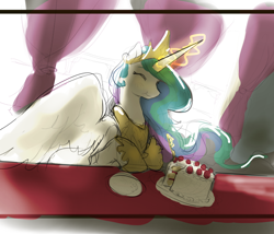 Size: 2700x2309 | Tagged: safe, artist:aquoquoo, derpibooru import, princess celestia, alicorn, pony, g4, backlighting, cake, cakelestia, crown, eyes closed, female, food, high res, hoof shoes, jewelry, magic, mare, princess shoes, regalia, solo, telekinesis, that pony sure does love cakes