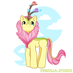 Size: 640x640 | Tagged: safe, artist:pinzillastudio, derpibooru import, oc, oc only, bird, butterfly, kirin, pony, g4, cloud, concave belly, female, fusion, fusion:autumn blaze, fusion:autumnshy, fusion:fluttershy, heterochromia, kirin oc, looking up, simple background, sky, smiling, solo, white background