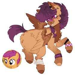 Size: 1000x1000 | Tagged: safe, artist:kazmuun, derpibooru import, scootaloo, pegasus, pony, g4, alternate eye color, alternate hairstyle, bandage, bandaid, bandaid on nose, beanbrows, blank flank, blush lines, blushing, braid, braided ponytail, butt fluff, butt freckles, chest fluff, coat markings, colored eartips, colored pinnae, countershading, cute, cutealoo, dorsal stripe, ear fluff, ear piercing, ear tufts, earring, ears, eyebrows, fangs, female, filly, foal, freckles, gradient legs, grin, jewelry, leg fluff, leg freckles, magenta eyes, mismatched hooves, piercing, ponytail, redesign, short tail, simple background, slit eyes, smiling, tail, transparent background, wing freckles, wings, wings down, wristband
