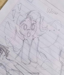 Size: 1374x1619 | Tagged: safe, artist:zamiración, derpibooru exclusive, derpibooru import, oc, oc only, pegasus, :o, cute, exclamation point, lined paper, open mouth, pencil drawing, photo, sketch, solo, surprised, traditional art