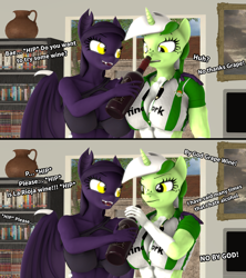 Size: 3555x4000 | Tagged: safe, alternate version, artist:zgsfm, derpibooru import, oc, oc only, oc:baetica castanets, oc:grape wine, anthro, bat, bat pony, plantigrade anthro, unicorn, 3d, 3d model, alcohol, andalusia, boop, coat markings, comic, drink, drunk, game, horn, house, living room, muscles, real betis, spain, television, tree, wine