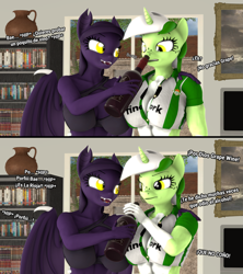 Size: 3555x4000 | Tagged: safe, alternate version, artist:zgsfm, derpibooru import, oc, oc only, oc:baetica castanets, oc:grape wine, anthro, bat, bat pony, plantigrade anthro, unicorn, 3d, 3d model, alcohol, andalusia, balls, coat markings, comic, game, horn, house, living room, muscles, nudity, penis, real betis, spain, television, tree, wine