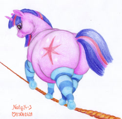 Size: 1200x1165 | Tagged: safe, artist:soobel, derpibooru import, twilight sparkle, unicorn twilight, pony, unicorn, g4, atg 2024, butt, clothes, fat, female, horn, mare, newbie artist training grounds, obese, plot, socks, solo, striped socks, the ass was fat, traditional art, twilard sparkle