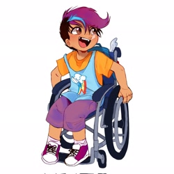 Size: 2048x2048 | Tagged: safe, artist:devideetz, derpibooru import, scootaloo, human, g4, backpack, clothes, cute, cutealoo, cutie mark on clothes, disabled, handicapped, humanized, looking up, shirt, shoes, shorts, simple background, sitting, smiling, sneakers, socks, t-shirt, wheelchair, white background