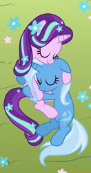 Size: 1220x2302 | Tagged: safe, artist:cstrawberrymilk, derpibooru import, starlight glimmer, trixie, pony, unicorn, g4, cute, duo, duo female, eyes closed, female, flower, flower in hair, flower in tail, grass, horn, hug, lesbian, shipping, sleeping together, startrix, tail