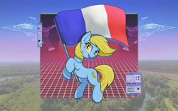 Size: 2560x1600 | Tagged: safe, artist:darkdoomer, derpibooru import, oc, oc:madame banane, earth pony, pony, commission, flag, france, pride, solo, vaporwave, ych result