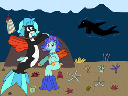 Size: 3132x2373 | Tagged: safe, artist:supahdonarudo, derpibooru import, oc, oc only, oc:icebeak, oc:sea lilly, jellyfish, seapony (g4), atg 2024, camera, hiding, ice, jewelry, necklace, newbie artist training grounds, ocean, rock, sea monster, sea urchin, silhouette, starfish, underwater, water