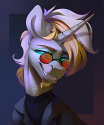 Size: 2500x3000 | Tagged: safe, artist:mithriss, derpibooru import, oc, oc only, pony, unicorn, beard, bust, clothes, facial hair, glasses, glowing, glowing eyes, horn, jacket, looking at you, male, smiling, smiling at you, stallion, sweater, turtleneck