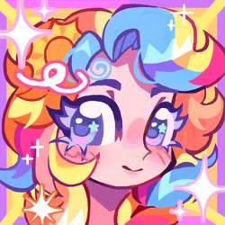 Size: 2000x2000 | Tagged: safe, artist:applepums, derpibooru import, oc, oc only, human, abstract background, blue eyelashes, blush scribble, blushing, commission, female, high res, humanized, humanized oc, icon, light skin, long hair, looking back, multicolored hair, profile picture, shiny hair, smiling, solo, sparkles, starry eyes, unnamed oc, wingding eyes