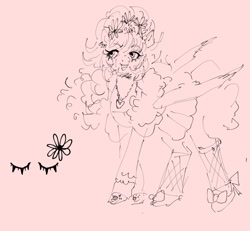Size: 1256x1161 | Tagged: safe, artist:swollenbabyfat, derpibooru import, oc, oc only, oc:dolly wink, bat pony, pony, bat pony oc, beehive hairdo, blouse, bracelet, brooch, clothes, curly hair, curly mane, curly tail, eye clipping through hair, eyelashes, female, fishnet clothing, fishnet stockings, flower, flower in hair, frilly, hoof shoes, jewelry, long mane, looking away, mare, monochrome, necklace, open mouth, open smile, partially open wings, pink background, simple background, sketch, skirt, smiling, solo, standing, stockings, tail, thigh highs, wings