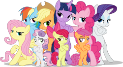 Size: 4811x2615 | Tagged: safe, artist:kuren247, artist:terrebonnerobbi, derpibooru import, apple bloom, applejack, fluttershy, pinkie pie, rainbow dash, rarity, scootaloo, sweetie belle, twilight sparkle, twilight sparkle (alicorn), alicorn, earth pony, pegasus, pony, unicorn, g4, bipedal, female, fresh princess and friends' poses, fresh princess of friendship, horn, mane six, simple background, transparent background