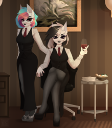 Size: 3116x3560 | Tagged: safe, artist:elektra-gertly, artist:twine, derpibooru import, oc, oc:pomadka, anthro, pegasus, alcohol, chair, clothes, dress, duo, duo female, eyeshadow, female, food, glass, high heels, lidded eyes, lipstick, makeup, necktie, office, office chair, pantyhose, shoes, tights, wine, wine glass