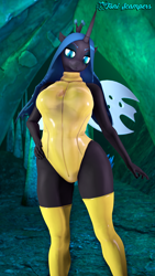 Size: 1080x1920 | Tagged: safe, artist:toniscampers, derpibooru import, queen chrysalis, anthro, plantigrade anthro, g4, 3d, blender, cave, clothes, female, latex, latex leotard, latex socks, latex suit, leotard, nexgen, poster, socks, solo, solo female, source filmmaker, wings, yellow leotard