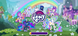 Size: 1792x828 | Tagged: safe, derpibooru import, princess cadance, princess celestia, princess flurry heart, princess luna, silverstream, alicorn, classical hippogriff, hippogriff, pony, g4, alicorn triarchy, cewestia, colored wings, female, filly, foal, gameloft, loading screen, multicolored hair, multicolored mane, multicolored tail, multicolored wings, my little pony logo, my little pony: magic princess, older, older flurry heart, rainbow power, spanish, tail, teenager, wings, woona, younger