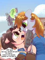 Size: 3000x4000 | Tagged: safe, artist:redvais, derpibooru import, oc, oc only, oc:littlepip, earth pony, pegasus, pony, unicorn, fallout equestria, 10mm pistol, angry, clothes, crossover, fallout, fallout (show), female, glowing, glowing horn, gun, handgun, horn, implied fisto, jumpsuit, little macintosh, looking at each other, looking at someone, lucy maclean, magic, mare, pistol, ponified, revolver, species swap, vault suit, weapon