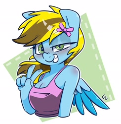 Size: 2009x2048 | Tagged: safe, artist:lou, derpibooru import, oc, oc only, oc:lucky bolt, anthro, pegasus, bow, clothes, commission, female, hair bow, looking at you, peace sign, smiling, smiling at you, solo, tanktop, ych result