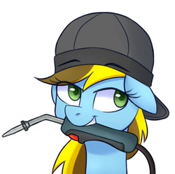 Size: 1344x1340 | Tagged: safe, artist:handgunboi, derpibooru import, oc, oc only, oc:lucky bolt, pegasus, pony, headshot commission, simple background, solo, welding, welding cap, welding gun, white background