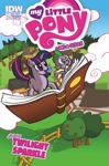 Size: 659x1000 | Tagged: safe, artist:thom zahler, derpibooru import, idw, spike, twilight sparkle, unicorn twilight, dragon, pony, unicorn, g4, book, building, cloud, comic, comic cover, cover, cover art, duo, duo male and female, female, fence, horn, male, mare, micro-series #1, my little pony logo, my little pony micro-series, official, official comic, outdoors, tail, tree, variant cover