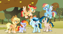 Size: 6041x3307 | Tagged: safe, artist:sapphiretwinkle, derpibooru import, applejack, rainbow dash, oc, oc:quickseed, oc:sugar rush, oc:sweet tango, oc:wildfire, earth pony, pegasus, pony, g4, armband, blaze (coat marking), clothes, coat markings, colored wings, colored wingtips, earth pony oc, facial markings, female, filly, flying, foal, freckles, grin, jewelry, leg freckles, leg warmers, lidded eyes, magical lesbian spawn, male, mare, multicolored eyes, necklace, offspring, pale belly, parent:applejack, parent:rainbow dash, parents:appledash, pegasus oc, pigtails, ponytail, raised hoof, raised leg, short hair, short hair applejack, smiling, socks (coat marking), spread wings, stallion, standing, wings