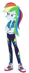 Size: 549x1344 | Tagged: safe, artist:invisibleink, derpibooru import, edit, editor:mlpfan3991, rainbow dash, human, better together, equestria girls, g4, clothes, converse, crossed arms, female, hoodie, jacket, pants, rainbow dash's better together outfit, shirt, shoes, simple background, smiling, smirk, sneakers, solo, waistband, white background