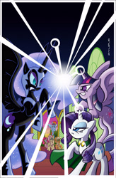 Size: 2500x3818 | Tagged: safe, artist:thom zahler, derpibooru import, idw, applejack, fluttershy, nightmare moon, pinkie pie, rainbow dash, rarity, twilight sparkle, twilight sparkle (alicorn), alicorn, earth pony, pegasus, pony, unicorn, g4, spoiler:comic, spoiler:comic45, 2016, armor, beam struggle, blast, cape, clothes, comic cover, cover, cover art, female, flying, frown, height difference, helmet, high res, hoof shoes, horn, long legs, magic, magic beam, magic blast, mane six, mare, my little pony logo, open mouth, peytral, princess shoes, raised hoof, raised leg, rearing, septet, signature, spread wings, tail, tall, teeth, textless version, variant cover, wings