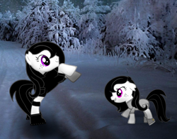 Size: 830x650 | Tagged: safe, derpibooru import, oc, oc only, pony, pony creator, black mane, duo, female, filly, foal, goth, grin, mare, real life background, smiling, white coat