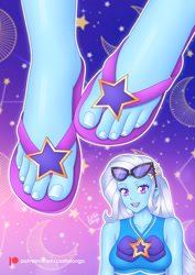 Size: 1024x1449 | Tagged: safe, artist:costalonga, derpibooru import, trixie, equestria girls, g4, breasts, cute, feet, female, fetish, flip-flops, foot fetish, foot focus, looking at you, sandals, smiling, solo, sunglasses, toes