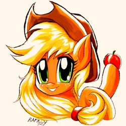 Size: 2469x2457 | Tagged: safe, derpibooru import, applejack, earth pony, pony, g4, apple, blonde, blonde mane, female, food, hat, solo