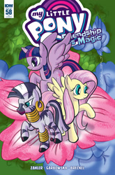 Size: 2063x3131 | Tagged: safe, artist:thom zahler, derpibooru import, idw, fluttershy, twilight sparkle, twilight sparkle (alicorn), zecora, alicorn, pegasus, pony, zebra, spoiler:comic58, 2017, comic cover, cover, cover art, ear piercing, earring, female, flower, jewelry, mare, my little pony logo, neck rings, official comic, piercing, raised hoof, raised leg, signature, smiling, spread wings, tail, trio, trio female, variant cover, wings