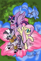 Size: 1137x1700 | Tagged: safe, alternate version, artist:thom zahler, derpibooru import, idw, fluttershy, twilight sparkle, twilight sparkle (alicorn), zecora, alicorn, pegasus, pony, zebra, spoiler:comic58, 2017, comic cover, cover, cover art, ear piercing, earring, female, flower, jewelry, mare, neck rings, piercing, raised hoof, raised leg, signature, smiling, spread wings, tail, textless, textless version, trio, trio female, variant cover, wings