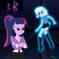 Size: 1920x1920 | Tagged: safe, artist:gibsterboy5, derpibooru import, sci-twi, trixie, twilight sparkle, human, equestria girls, g4, background, ben 10, ben 10 ultimate alien, boots, clothes, duo, glowing, gwen tennyson, high heel boots, levitation, looking at each other, looking at someone, looking down, magic, missing accessory, no glasses, reference used, shirt, shoes, signature, skirt, sunny tennyson, telekinesis