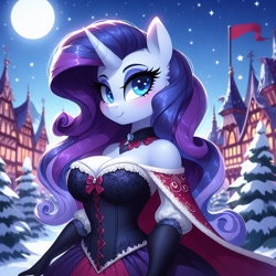 Size: 1024x1024 | Tagged: safe, ai content, derpibooru import, generator:dall-e 3, machine learning generated, rarity, anthro, blushing, bow, cape, choker, clothes, corset, dress, flag, fur, gloves, moon, night, pine tree, prompter:glimmy-glam, skirt, snow, solo, tree, village, winter