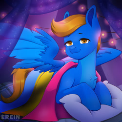 Size: 2000x2000 | Tagged: safe, alternate version, artist:erein, derpibooru import, oc, oc only, oc:rio tunehoof, pegasus, pony, alternate character, bedroom, blue fur, chest fluff, commission, ears up, flag, garland, high res, indoors, lgbt, looking at you, male, night, pansexual, pansexual pride flag, pillow, pride, pride flag, pride month, room, smiling, smiling at you, solo, spread wings, string lights, wings, ych result